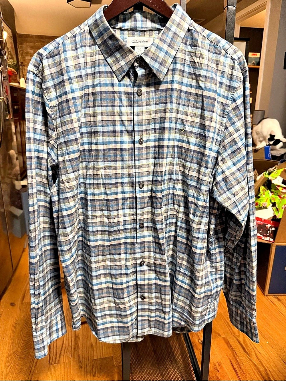 Calvin Klein Men's Plaid Linen Cotton Shirt Size XL Long Sleeve Soft